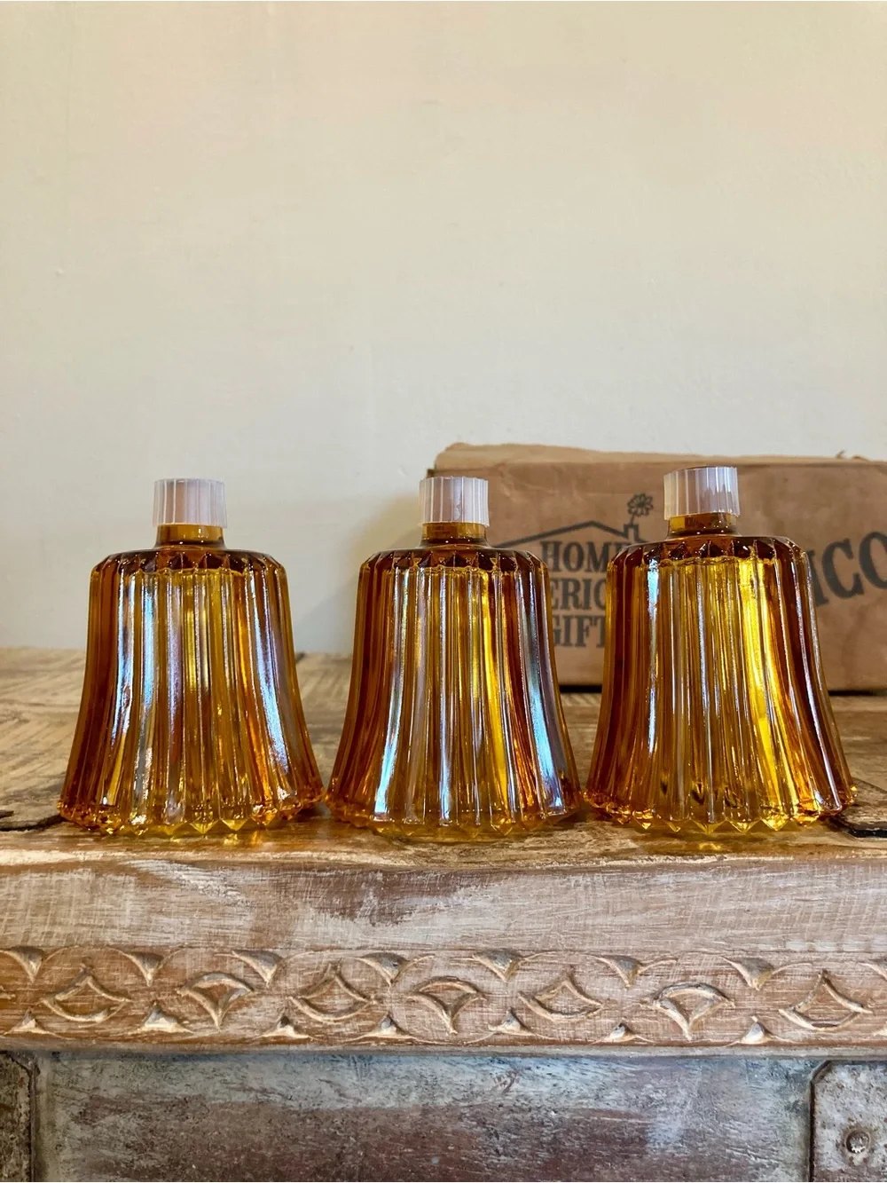 6 Vintage Homco Flic-A-Lite Amber Ribbed Cut Pegged Votive Candle Holders